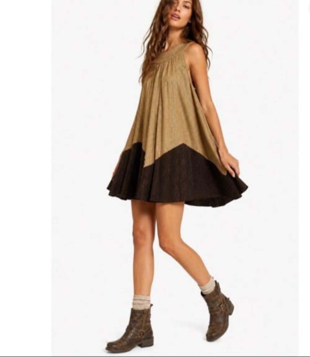 Free People Pleated Love Metallic Mini Dress Sz L Colorblock Brown Gold Swing